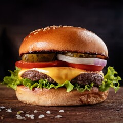 A juicy cheeseburger with lettuce, tomato, onion, and pickles