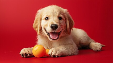 Energetic Puppy Playing with Chew Toy on Vibrant Red Background, Radiating Joy and Excitement in Bright Lighting