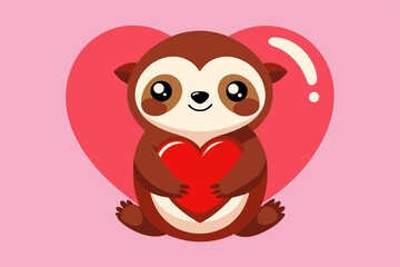 Wall Mural - Cute sloth holding a red valentine heart on a pink heart background.