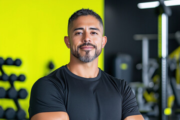 a latino fitness studio owner standing in their gym with a blurred background of exercise equipment