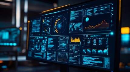 A close-up of a computer monitor displaying a futuristic interface with various data visualizations and graphs in a dark room.
