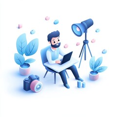 Aufkleber - A creative individual working on a laptop surrounded by plants, a camera, and a studio light, embodying productivity and inspiration.