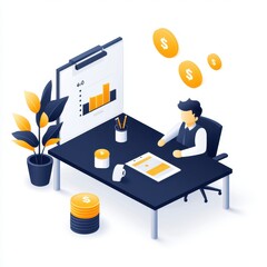 Poster - A focused businessman analyzing financial data at a modern desk, with charts and monetary symbols in a vibrant, digital style.