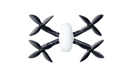 A sleek aerial drone with four black propellers and a white body, designed for high-speed flight and precision maneuverability.