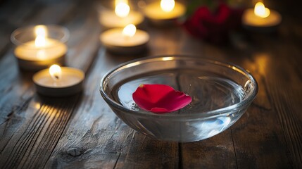 Wall Mural - Rose Petal Floating in Water with Candlelight