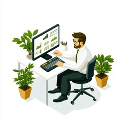Poster - A professional man working at a desk with plants, analyzing data on computer screen. Ideal for business and office themes.