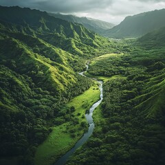 Canvas Print - River flows through lush green valley surrounded by mountains.