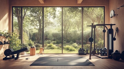 Wall Mural - Spacious modern home gym with large windows