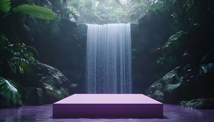 Purple pedestal in a lush tropical rainforest with a waterfall.