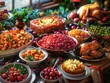 © AlexCaelus - A festive table spread filled with traditional holiday dishes, colorful fruits, and beautifully roasted turkey, perfect for celebrations.