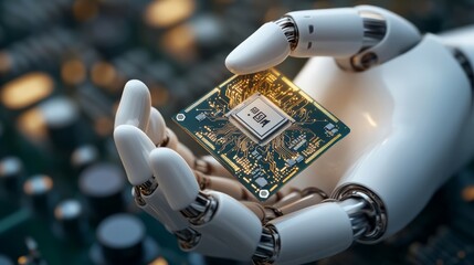 An AI robot hand is holding a computer chip for connecting various motherboard systems.