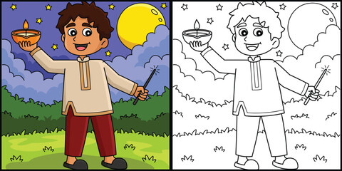 Wall Mural - Diwali Boy Celebrating Coloring Page Illustration