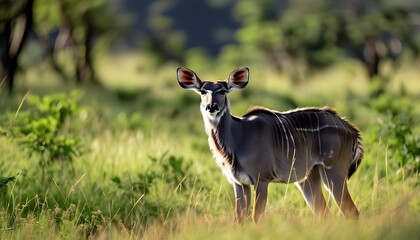 Wall Mural - Majestic Mountain Nyala grazing peacefully in a vibrant grass field