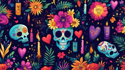 A vibrant pattern of Mexican Day of the Dead elements