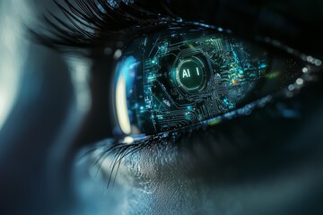 Closeup human eye banner, featuring Lasik vision correction and cyber elements for biometric data security. Perfect for tech and security projects.