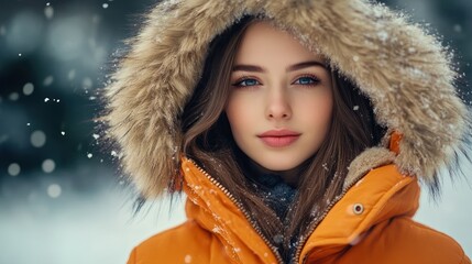 Fashionable woman in orange parka with fur hood outdoors winter