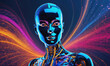 © Miklos - A blue, female robot stands against a colorful, glowing background of light trails