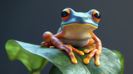 A 3D-rendered tropical frog perched on a leaf, with vivid colors and a transparent background.