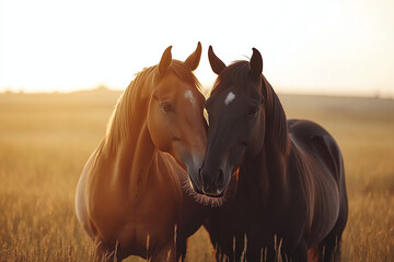 two horses nuzzling each other in a serene meadow