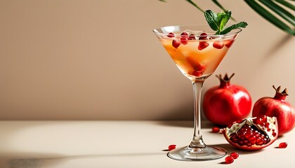 Poster - Refreshing pomegranate martini cocktail on a minimalist beige background, ideal for summer beverage inspiration and creative design ideas