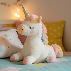 Plush unicorn toy on a bed with a pastel blue blanket.