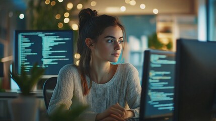 female coder working on computer software in a modern office environment showcasing professional focus and tech development
