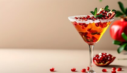 Wall Mural - Refreshing pomegranate martini cocktail on a minimalist beige background, ideal for summer beverage inspiration and creative design ideas