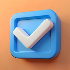 A 3D rendered blue checkmark icon. representing approval. confirmation. and success.