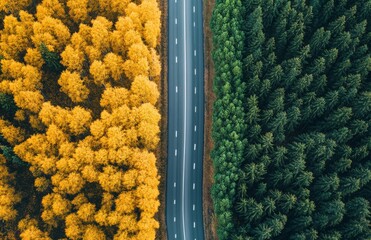 Sticker - Aerial view of a winding road dividing lush green forests and striking autumn foliage