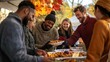 © keetazalay - A diverse group of people volunteering at a Thanksgiving community event serving food and sharing warmth with smiles and conversations under a tent decorated with autumn colors