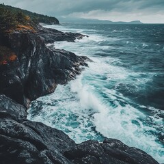 Wall Mural - Powerful waves crashing against rugged coastline.