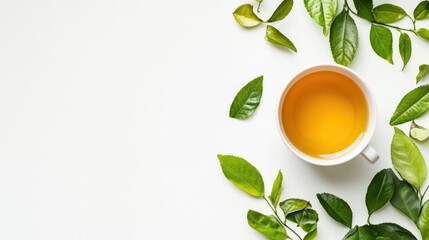 Wall Mural - Cup tea and green leaves on white background. copy space.