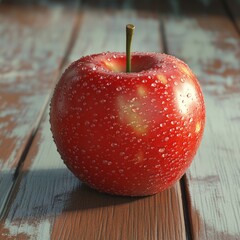 Wall Mural - Red apple with water drops on wooden table.