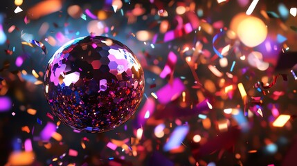 Wall Mural - Shiny Disco Ball Surrounded by Confetti and Lights