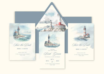 Wall Mural - Luxury wedding invitation card background with watercolor lighthouse in the sea