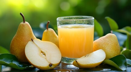 Wall Mural - Freshly squeezed pear juice served alongside whole and halved ripe pears with green leaves