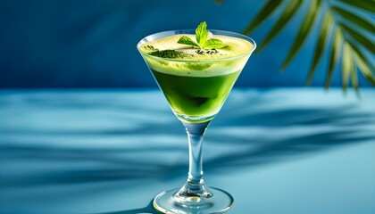 Vibrant green matcha martini on a striking blue backdrop, capturing the essence of a trendy summer refreshment for banners and posters