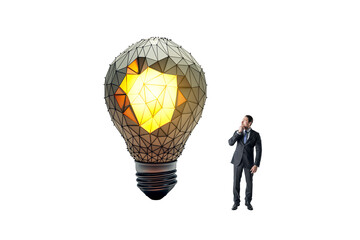 Businessman in a suit thinking next to a large geometric light bulb on a white background. Concept of innovation and ideas