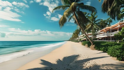 Beachfront hotel oasis featuring palm trees, embracing the sleep tourism trend and promoting health and wellness through travel and adventure