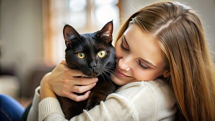 Adorable young woman cuddles affectionately with her sleek black feline companion, showcasing tender love and companionship between human and loyal pet.