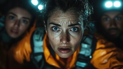 An adventurer woman wearing a helmet displays an intense look of determination while navigating a challenging cave environment, capturing the spirit of bravery and exploration.