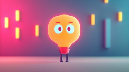 Wall Mural - a vibrant cartoon light bulb character stands against a colorful background, symbolizing creativity 