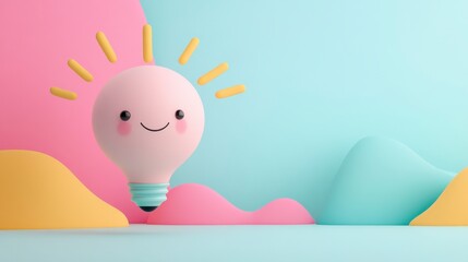 Wall Mural - a cheerful light bulb character with a smiling face against a colorful and modern pastel background,
