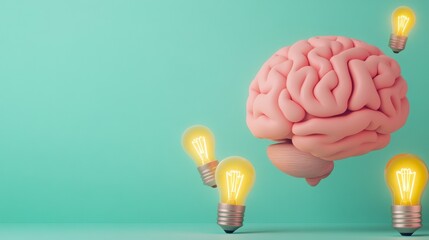 Wall Mural - a creative illustration of a brain surrounded by glowing light bulbs, symbolizing ideas, creativity,