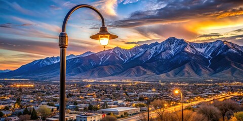 Aerial view of a swing arm streetlight standing tall amidst the urban landscape of City, Utah, with majestic mountains serving as a scenic backdrop.