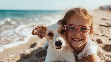 A young girl in pink glasses joyfully hugs her dog while lying on the sandy beach, with the calm ocean waves gently coming ashore in the background, under a sunny sky.