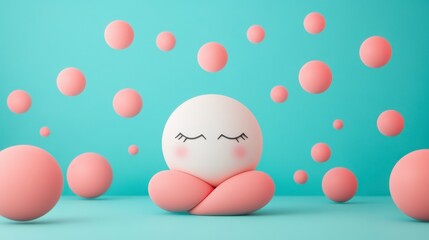 Wall Mural - A cute character sitting among soft pink spheres on a blue background, evoking feelings of joy and tranquility.