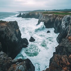 Wall Mural - Rough waves crashing against rocky cliffs, forming a dramatic seascape.