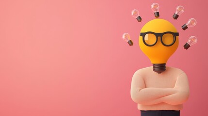 Wall Mural - a creative lightbulb character wearing glasses, symbolizing innovative ideas and inspiration against