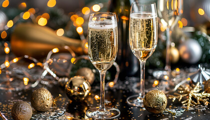 New Years Eve celebration with champagne and shiny bokeh golden background